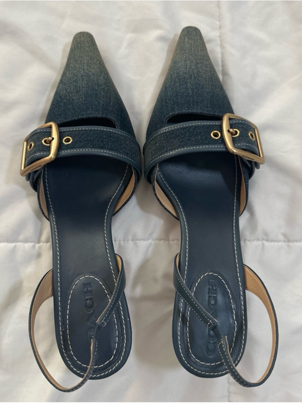 Coach Denim Pointed Slingback Mules with Gold Buckle